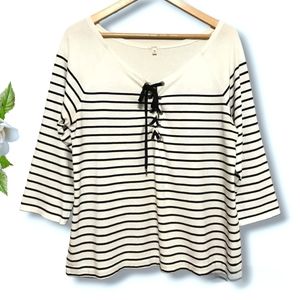 J. Crew Cream and Black Striped Lace-Up Boatneck Top